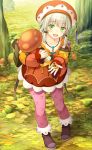  1girl :d absurdres autumn_leaves backpack bag blush boots collarbone green_eyes hat highres jewelry leaning_forward looking_at_viewer low_twintails momoiro_taisen_pairon mushroom namaru_(summer_dandy) necklace official_art open_mouth original outdoors pantyhose pink_legwear seed skirt smile solo twintails white_hair 