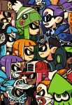  alex_ahad confrontation face-to-face gas_mask goggles goggles_on_head grin hat headphones highres inkling marvel_vs._capcom marvel_vs._capcom_2 mask multiple_boys multiple_girls parody profile serious smile splatoon squid staring 