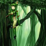  boots elbow_gloves en_(pixiv_2028674) forest gloves green green_boots green_hair green_hat hat_feather in_tree midriff nature personification pokemon red_eyes sitting sitting_in_tree solo tree virizion 