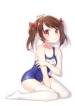  1girl between_legs black_hair blush bow hair_bow hand_between_legs hand_on_own_arm highres jewriel kneeling love_live!_school_idol_project red_eyes school_swimsuit solo sweatdrop swimsuit thigh-highs twintails twitter_username white_background white_legwear yazawa_nico 