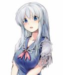  1girl blue_dress blue_eyes blue_hair blush bow breasts cleavage collarbone dress geppewi kamishirasawa_keine long_hair looking_at_viewer no_hat open_mouth puffy_sleeves short_sleeves simple_background solo touhou upper_body white_background 