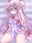  1girl :3 adjusting_glasses bespectacled crescent_hair_ornament double_bun dress glasses hair_ornament hair_ribbon highres lavender_hair long_hair looking_at_viewer mob_cap open_clothes open_robe patchouli_knowledge payot purple-framed_glasses ribbon robe semi-rimless_glasses shadow sitting solo striped striped_background striped_dress takanoru touhou tress_ribbon under-rim_glasses very_long_hair violet_eyes wariza 