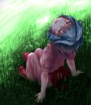  1girl arm_support blue_hair grass head_back highres knees_up looking_at_viewer no_hat no_wings open_mouth outdoors red_eyes remilia_scarlet shade short_hair sitting skirt skirt_set solo thcapenxer1234 touhou 