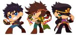  3boys black_hair blue_eyes brown_hair chibi family green_eyes hat headband highres jojo_no_kimyou_na_bouken jonathan_joestar joseph_joestar_(young) kuujou_joutarou li_sakura long_coat multiple_boys scarf 