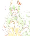  /\/\/\ 1girl apron bamboo_shoot blush closed_eyes ex-keine fang green_hair hakutaku hands_on_hips highres horn_ribbon horns kamishirasawa_keine long_hair open_mouth ribbed_sweater ribbon six_(fnrptal1010) sleeves_rolled_up smile solo sweater tail touhou turtleneck upper_body white_background 