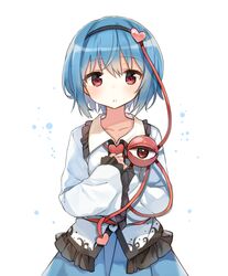  1girl alternate_color blue_hair eyeball hairband heart highres komeiji_satori long_sleeves looking_at_viewer parted_lips player_2 red_eyes shinoba shirt short_hair simple_background skirt solo string third_eye touhou upper_body white_background wide_sleeves 