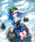  1girl blue_eyes blue_hair breasts cleavage dutch_angle flat_cap hair_bobbles hair_ornament hand_on_own_forehead hat highres kawashiro_nitori looking_at_viewer open_clothes open_shirt ripples shirt short_hair short_sleeves sitting_on_rock skirt smile soaking_feet solo stream thcapenxer1234 touhou twintails undershirt wet wet_clothes 