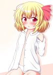  1girl :o blonde_hair hair_ribbon highres naked_shirt open_clothes open_shirt panties red_eyes ribbon rumia shirt short_hair simple_background sitting touhou underwear white_background yakumo_nanahara 