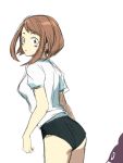  1girl ass blush_stickers boku_no_hero_academia brown_eyes brown_hair buruma gokujou_no_kaeru-yaki gym_uniform minoru_mineta payot shirt short_hair short_sleeves simple_background uraraka_ochako white_background white_shirt 