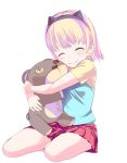  1girl ^_^ annie_hastur blonde_hair blush closed_eyes hairband league_of_legends onomachi_(ted) red_skirt short_hair simple_background skirt smile solo stuffed_animal stuffed_toy teddy_bear white_background 