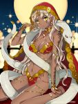  1girl anklet barefoot blonde_hair breasts cleavage copyright copyright_request dark_skin jewelry long_hair looking_at_viewer mami_(apsaras) official_art original revealing_clothes smile snake solo tan yellow_eyes 