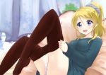  1girl ayase_eli blonde_hair blue_eyes long_hair love_live!_school_idol_project mikimo_nezumi open_mouth panties pantyhose pantyhose_pull ponytail smile sweater underwear 