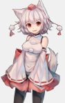  1girl animal_ears black_legwear blush breasts detached_sleeves fangs hat highres inubashiri_momiji large_breasts looking_at_viewer open_mouth pantyhose red_eyes shone short_hair silver_hair simple_background skirt smile solo tail tokin_hat touhou wolf_ears wolf_tail 