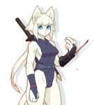  1girl animal_ears bangs blade blood blue_sclera blunt_bangs bridal_gauntlets cat cat_ears cat_tail cowboy_shot furry long_hair outline ponytail simple_background sleeveless slit_pupils solo sword tail weapon white_background white_fur white_hair 