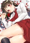  1girl :&lt; black_legwear blush brown_hair commentary_request flower frilled_sleeves frills ib ib_(ib) kneehighs long_hair long_sleeves looking_at_viewer lying no_panties on_side pleated_skirt red_eyes rose school_uniform skirt solo yatsu_(sasuraino) 