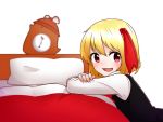  1girl arm_rest bed blonde_hair blurry clock crossed_arms depth_of_field hair_ribbon kameyan long_sleeves looking_at_viewer mystia_lorelei mystia_lorelei_(bird) open_mouth pillow red_eyes ribbon rumia short_hair solo touhou upper_body vest 