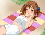  1girl breasts brown_eyes brown_hair cleavage idolmaster idolmaster_cinderella_girls looking_at_viewer natsuya open_mouth smile solo striped totoki_airi twintails 