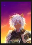  1girl animal_ears armor blue_eyes border commentary dark_skin doraeshi facial_mark final_fantasy final_fantasy_xi head_tilt highres looking_at_viewer mithra open_mouth paladin_(final_fantasy) pauldrons short_hair sky smile solo star_(sky) sunset tearing_up tears upper_body white_hair wind 