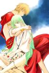  2boys armlet blonde_hair chitosearea earrings enkidu_(fate/strange_fake) fate/strange_fake fate/zero fate_(series) flower gilgamesh green_eyes green_hair highres jewelry long_hair multiple_boys 