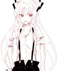  1girl bow collared_shirt fujiwara_no_mokou hair_bow hands_in_pockets long_hair looking_away looking_to_the_side open_mouth red_eyes shirt six_(fnrptal1010) sketch solo spot_color suspenders torn_clothes torn_sleeves touhou upper_body 
