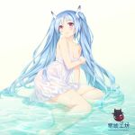  1girl absurdres blue_hair blush breasts cleavage highres long_hair original partially_submerged red_eyes shoufukucho sitting solo strap_slip water watermark web_address 