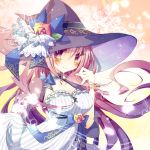  1girl arima_(arcadicauto) bow bracelet dress flower frilled_collar hat hat_bow hat_flower highres jewelry original purple_hair smile solo vertical-striped_dress vertical_stripes violet_eyes witch witch_hat 