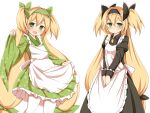  apron blazblue blonde_hair blush dual_persona fang godharo1 green_eyes hairband highres long_hair maid open_mouth pantyhose platinum_the_trinity quad_tails ribbon smile very_long_hair 