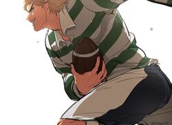  1boy blonde_hair dio_brando jojo_no_kimyou_na_bouken li_sakura rugby rugby_ball rugby_uniform running shirt solo sportswear striped striped_shirt sweat 