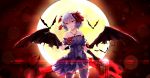  1girl bare_shoulders bat bat_wings blue_hair cup dress gloves highres jewelry lens_flare necklace pouring red_eyes remilia_scarlet short_hair smile solo thigh-highs touhou white_crow wine_glass wings 