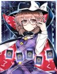  1girl absurdres bolo_tie brown_eyes brown_hair cape card cowboy_shot glasses glowing hand_in_hair hat hat_ribbon hexagram highres looking_at_viewer nobu_baka red-framed_glasses ribbon runes semi-rimless_glasses short_hair skirt skirt_set smile solo striped striped_background touhou under-rim_glasses usami_sumireko 