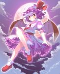  1girl ankle_socks ascot bat_wings bloomers brooch clouds flying folded_leg frilled_legwear frilled_skirt frills full_moon hat hat_ribbon highres jewelry lavender_hair loafers looking_at_viewer mob_cap moon naox night outdoors puffy_short_sleeves puffy_sleeves purple_sky red_eyes red_moon red_shoes remilia_scarlet ribbon sash shoes short_hair short_sleeves skirt skirt_set smile solo touhou underwear wings wrist_cuffs 