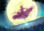 1girl capelet coat crescent dress full_moon long_hair long_sleeves mob_cap moon night open_clothes open_coat patchouli_knowledge purple_hair ram_hachimin sky solo striped striped_dress touhou very_long_hair water waves wide_sleeves 