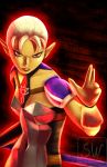  1girl aura breastplate derivative_work fighting_stance impa nose pauldrons pointy_ears red_eyes reference_photo short_hair solo the_legend_of_zelda theskywaker white_hair zelda_musou 