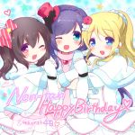  3girls ayase_eli black_hair blonde_hair blue_eyes bow braid earrings fingerless_gloves flower gloves hair_bow hair_flower hair_ornament happy_birthday hat hug jewelry love_live!_school_idol_project mini_top_hat multiple_girls one_eye_closed pirika ponytail purple_hair red_eyes snow_halation top_hat toujou_nozomi twintails yazawa_nico 