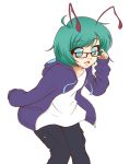  1girl antennae denim glasses green_eyes green_hair hoodie jeans mazume pants short_hair smile solo touhou wriggle_nightbug 