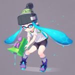 1girl bike_shorts blue_eyes blue_hair blueberry_(5959) inkling knit_hat long_hair mask pointy_ears shoes sneakers solo splatoon super_soaker t-shirt tentacle_hair 
