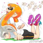  1girl bike_shorts blush inkling kabeu_mariko long_hair orange_hair pointy_ears poking shoes simple_background sneakers solo splatoon sweat tentacles translation_request twintails white_background 