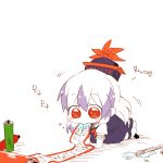  1girl all_fours baby blouse blue_hair chewing chibi crawling drooling hat kamishirasawa_keine korean long_hair motion_lines multicolored_hair neck_ribbon ribbon scroll six_(fnrptal1010) sketch solo touhou white_background white_hair younger 