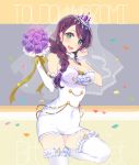  1girl bare_shoulders bittersweet_(dalcoms) blush bouquet braid breasts bridal_veil bride brown_hair diadem dress elbow_gloves flower garter_straps gloves green_eyes highres jewelry long_hair love_live!_school_idol_project short_dress side_braid smile solo thigh-highs thighs toujou_nozomi veil wedding wedding_dress wrist_ribbon zettai_ryouiki 