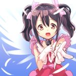  1girl :d \m/ angel_wings black_hair bow feathers gloves hair_bow hitsuji_(hitsuji_kikaku) love_live!_school_idol_project microphone open_mouth pointing pointing_at_viewer red_eyes smile solo twintails white_gloves wings yazawa_nico 