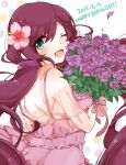  1girl ;d bouquet dated dress flower green_eyes hair_flower hair_ornament happy_birthday love_live!_school_idol_project one_eye_closed open_mouth purin0 purple_dress purple_hair scrunchie smile solo toujou_nozomi twintails 