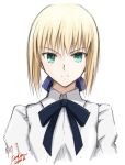  1girl blonde_hair fate/stay_night fate_(series) green_eyes highres kem_kem looking_at_viewer saber short_hair simple_background solo white_background 