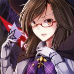  1girl bow brown_eyes brown_hair cape glasses gloves hat jewelry low_twintails napalm_zero open_mouth pendant plaid red-framed_glasses shirt short_hair solo touhou twintails usami_sumireko zener_card 