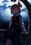  1girl :d abe_ranzu blonde_hair dark fang hair_ribbon highres in_tree open_mouth red_eyes ribbon rumia shirt short_hair sitting skirt smile touhou tree vest 