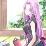  1girl book breasts chitosearea fate/hollow_ataraxia fate/stay_night fate_(series) glasses long_hair low-tied_long_hair lowres purple_hair rider solo violet_eyes 