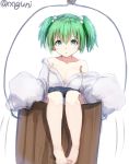  1girl bare_legs bare_shoulders barefoot blush bucket collarbone colored green_eyes green_hair hair_bobbles hair_ornament japanese_clothes kimono kisume long_sleeves looking_at_viewer obi off_shoulder open_mouth sash simple_background sitting sketch sleeves_past_wrists solo touhou twintails twitter_username white_background wide_sleeves wowoguni yukata 