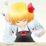  1girl ascot bbb_(33kudo) blonde_hair bowl closed_eyes food fruit gradient gradient_background hair_ribbon long_sleeves puffy_sleeves ribbon rumia shirt short_hair simple_background solo spoon table touhou trembling upper_body vest wavy_mouth 
