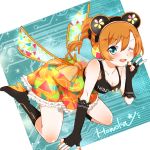  1girl ;d all_fours animal_ears black_gloves blue_eyes boots breasts character_name cleavage curly_hair dress elbow_gloves fingerless_gloves gloves headphones high_heel_boots high_heels kousaka_honoka love_live!_school_idol_project mouse_ears nail_polish one_eye_closed open_mouth orange_hair purin0 red_nails side_ponytail smile solo v 