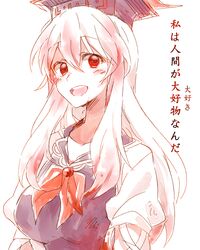  1girl blood blood_on_face bloody_hair blouse hat kamishirasawa_keine long_hair looking_at_viewer neck_ribbon red_eyes ribbon six_(fnrptal1010) sketch smile solo touhou translated upper_body white_hair 