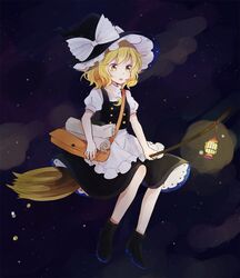  blonde_hair bow broom broom_riding crescent hat kirisame_marisa lantern mozukuzu_(manukedori) night short_hair solo star_(sky) touhou witch_hat yellow_eyes 